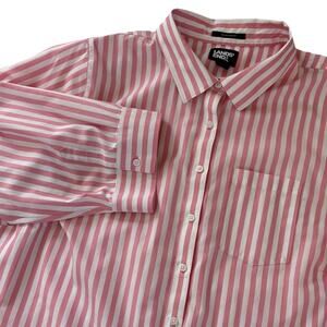 Lands' End Women's Pink & White Striped No Iron 3/4Sleeve Button Up Shirt Sz 18W